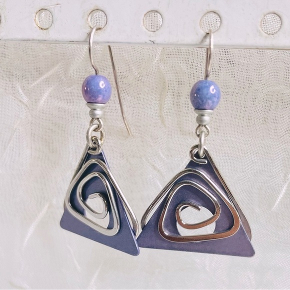 Jewelry - Vintage Purple Geometric Triangle Dangle Earrings with Beads